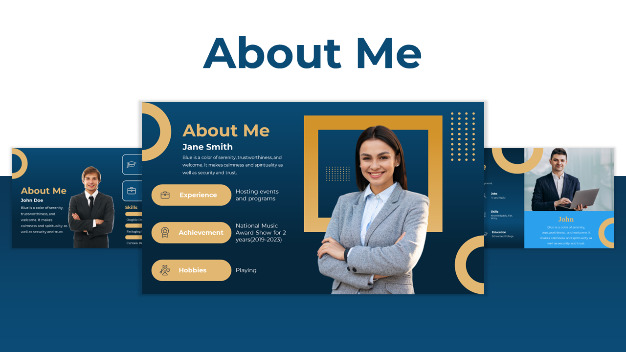 Blue and gold themed slide deck, highlighting a personal profile with sections for experience, skills, and a thank you note.