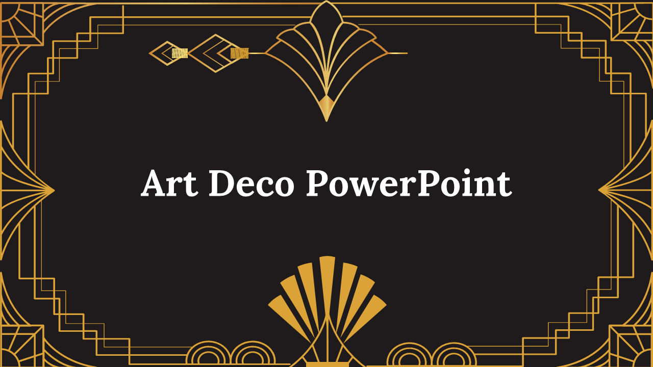 Art deco slide deck with intricate gold geometric patterns on a black background, featuring six different designs below.