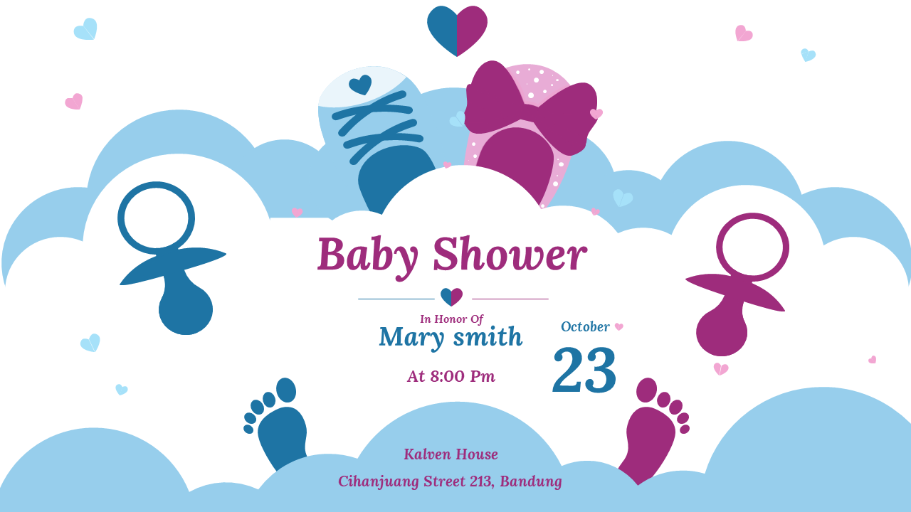 Colorful baby shower invitation slides with playful graphics and event details.