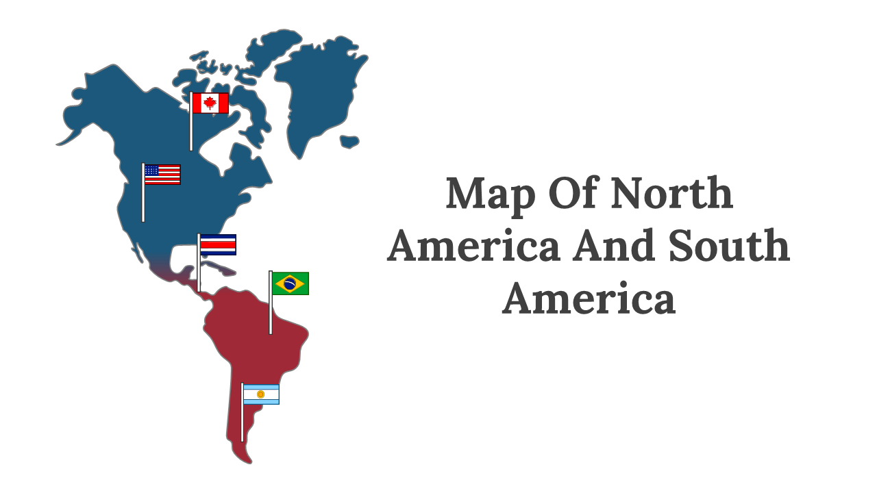 Slide deck showcasing detailed maps of North and South America, with country outlines, flags, and color coded data points.