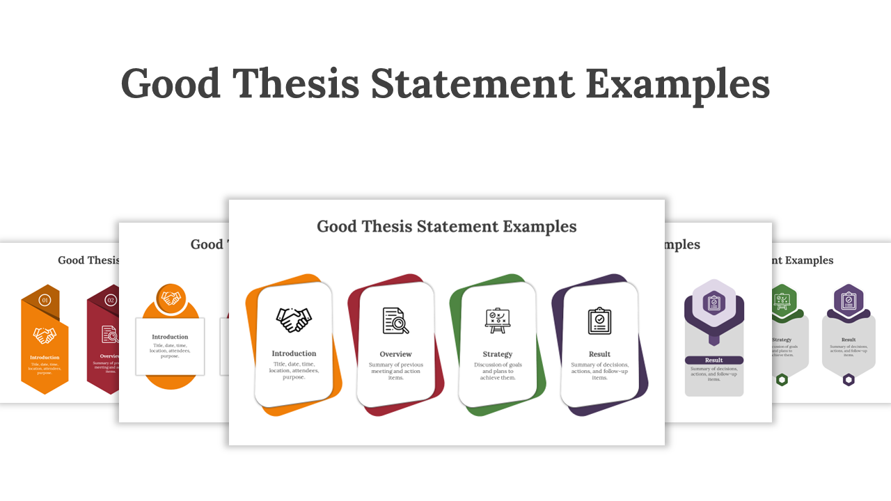 Thesis statement examples slide deck with five vibrant, overlapping cards detailing development steps.