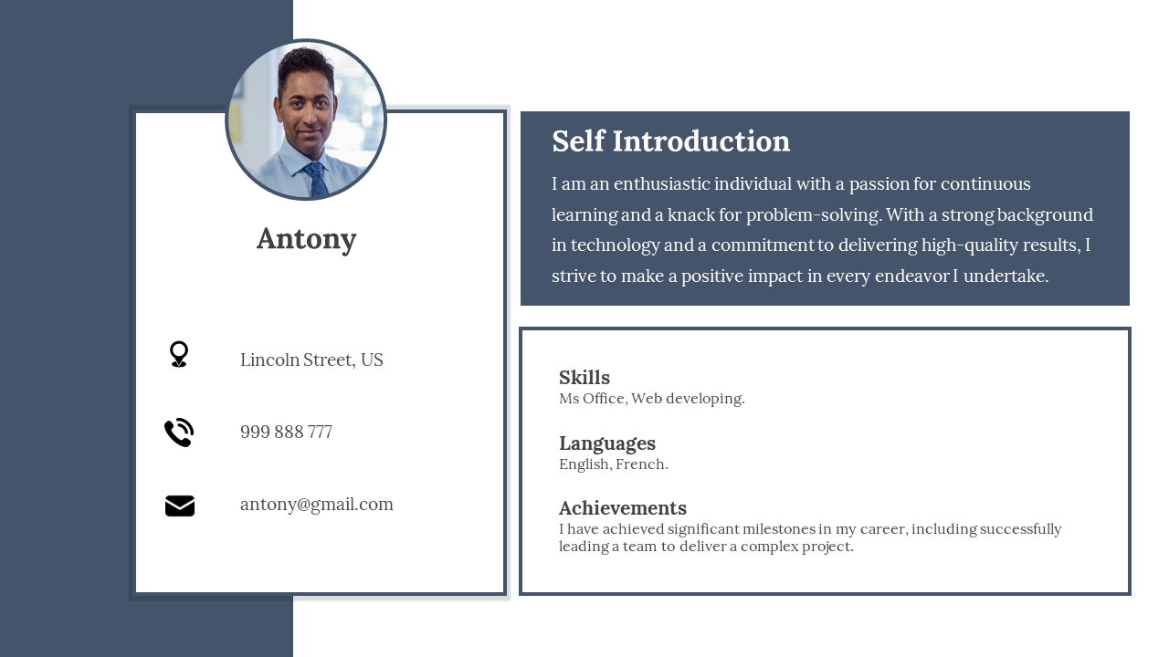 Professional self-introduction slides with a photo, contact details, skills, languages, and achievements in a clean layout.