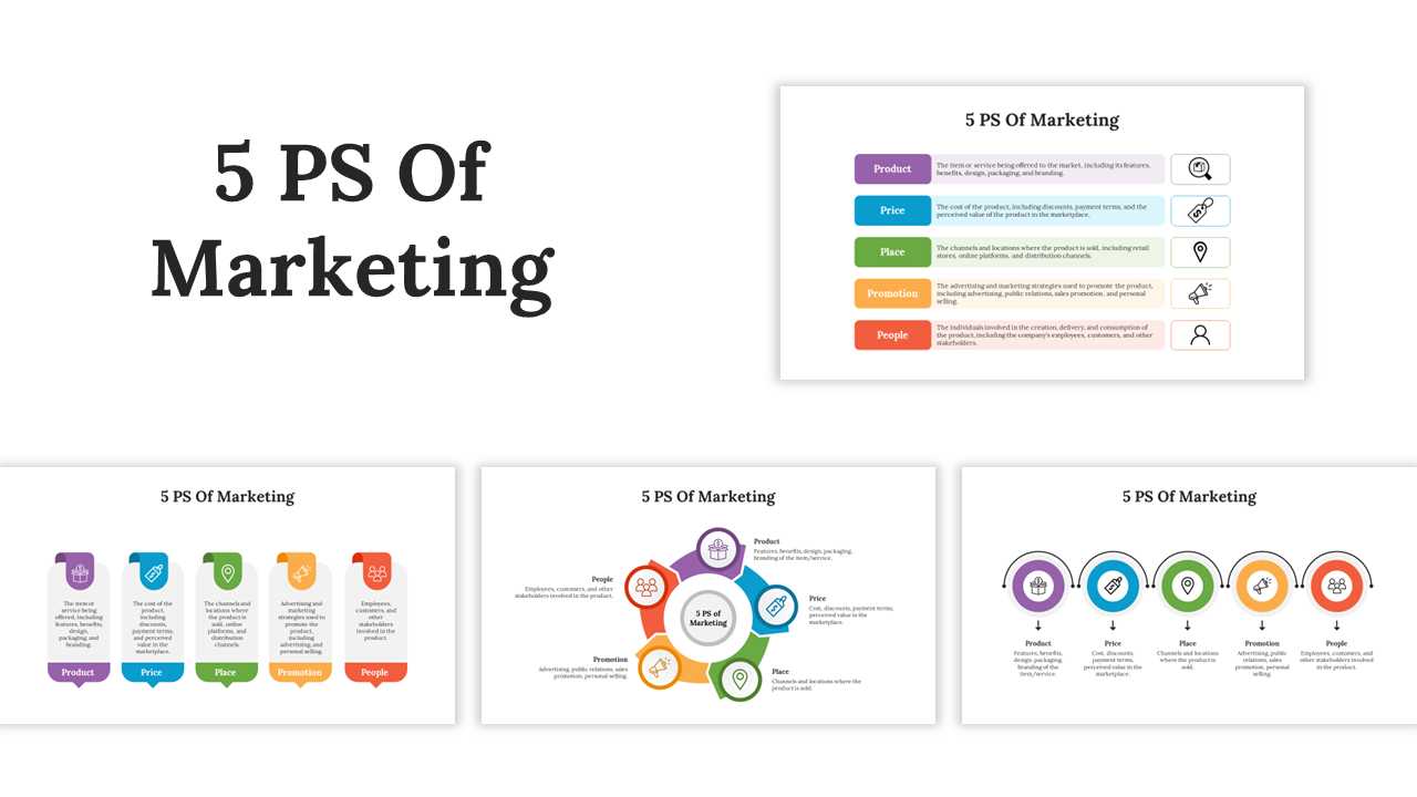 Set of colorful slides breaking down the 5 Ps of marketing into distinct sections with icons and color coded segments.