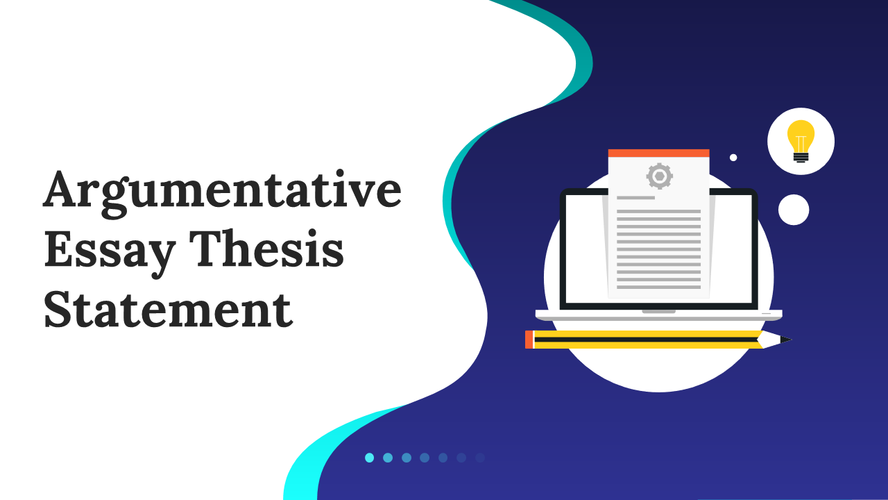 Slide deck with blue and white themes, featuring illustrations of papers and writing tools, covering thesis statements.