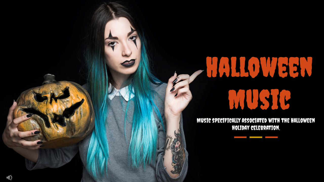 Slide deck featuring images with carved pumpkins, in orange and black colors highlighting halloween music topics.