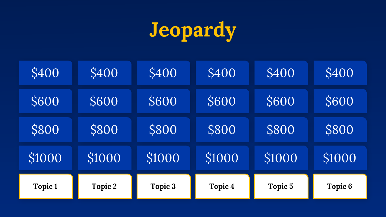 A pack of jeopardy game slides featuring a grid of topics and point values for interactive quiz sessions on a blue theme.