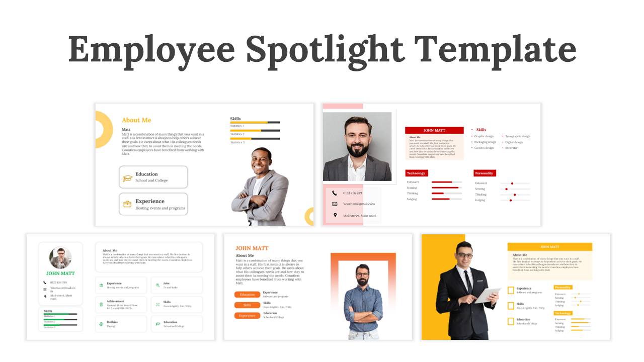 Employee spotlight slides featuring multiple layouts showcasing individual employee profiles with photos and achievements.