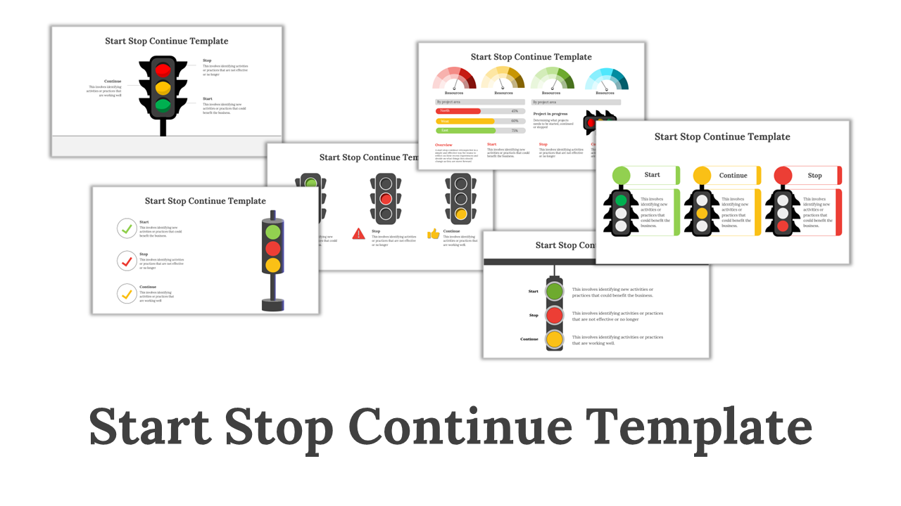 A pack of start stop continue slides utilizing traffic light graphics to convey project feedback and action items with text.