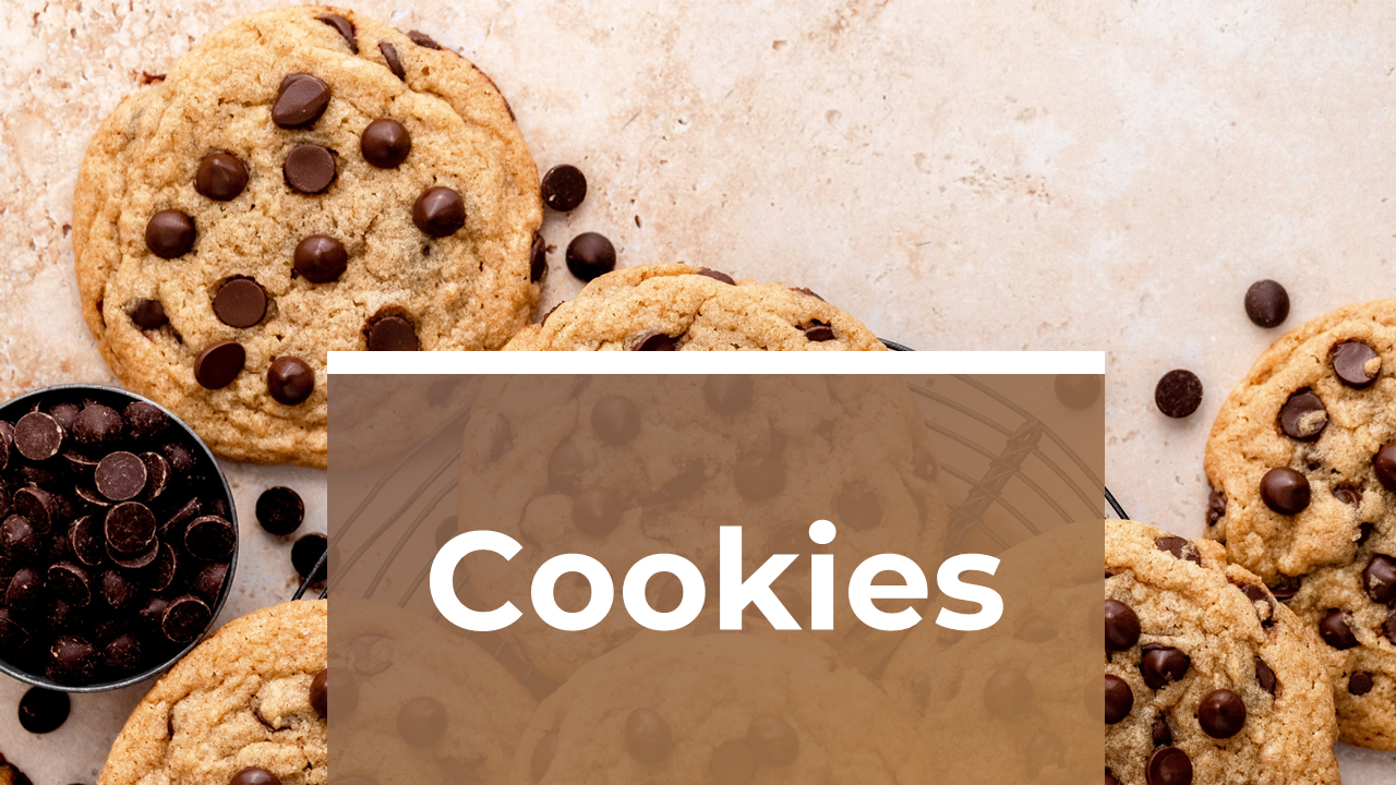 Slide deck with brown and beige theme, featuring images of various cookies, recipes, baking tips, and industry insights.