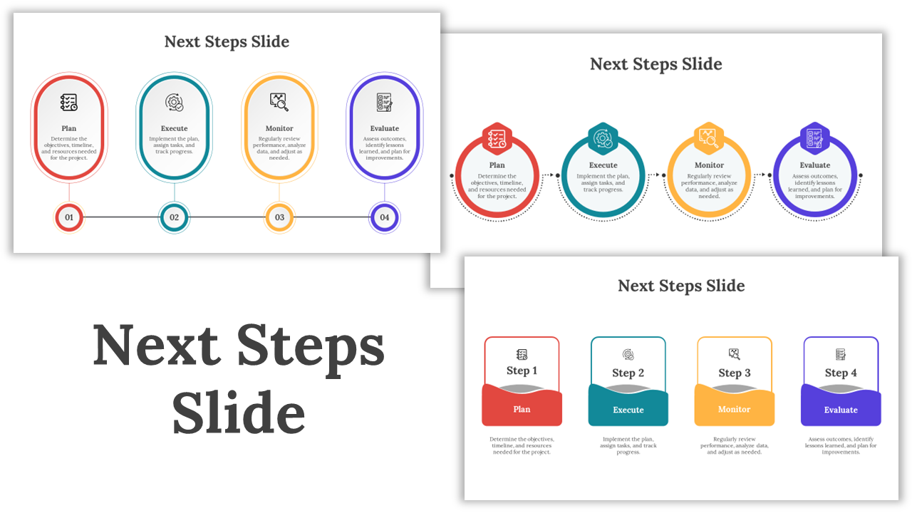 Collection of next steps slides in circular, linear, and arrow-based designs with colorful icons and text area.