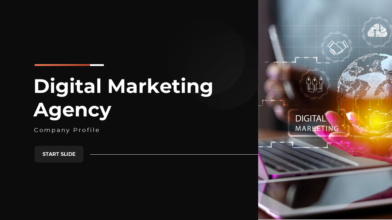 Digital marketing agency slides showcasing mission, solutions, financials, milestones, and global support with bold visuals.