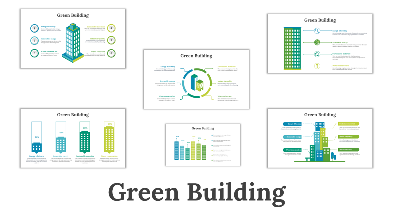 Set of slides showcasing green building designs with eco friendly charts and diagrams for sustainability strategies.