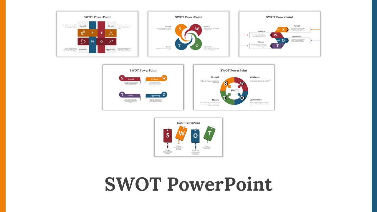 SWOT slide designs with a mix of formats, including linear, circular, and infographic styles, each highlighting from strength to weakness.