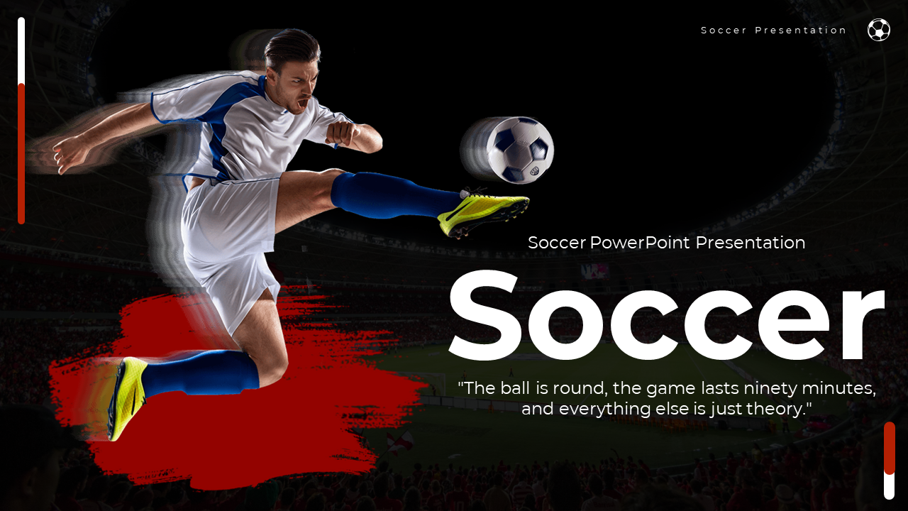 Soccer themed template showcasing a player kicking a ball on the cover and various slides discussing related topics.