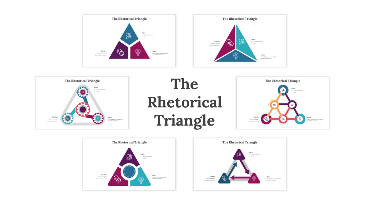 Collection of slides displaying different triangular diagrams in a mix of teal, purple, and orange colors.