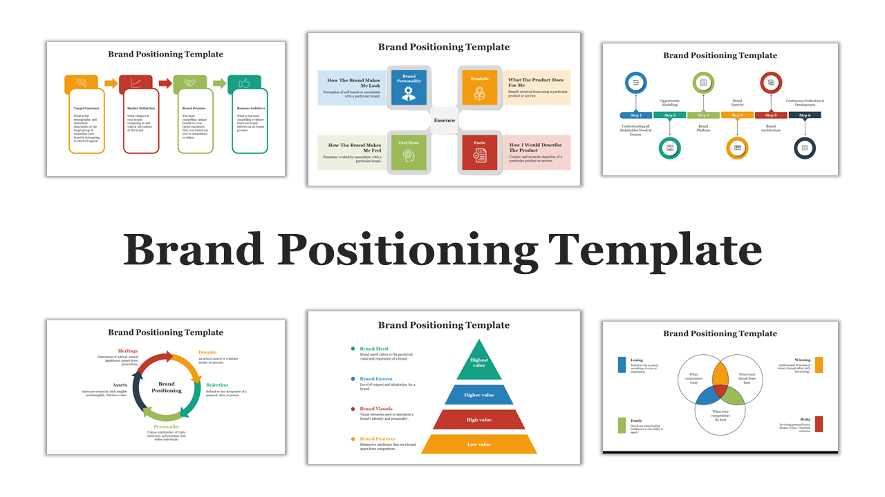 Slide deck with colorful visuals like pyramids, circular diagrams, and flowcharts showcasing brand positioning models.