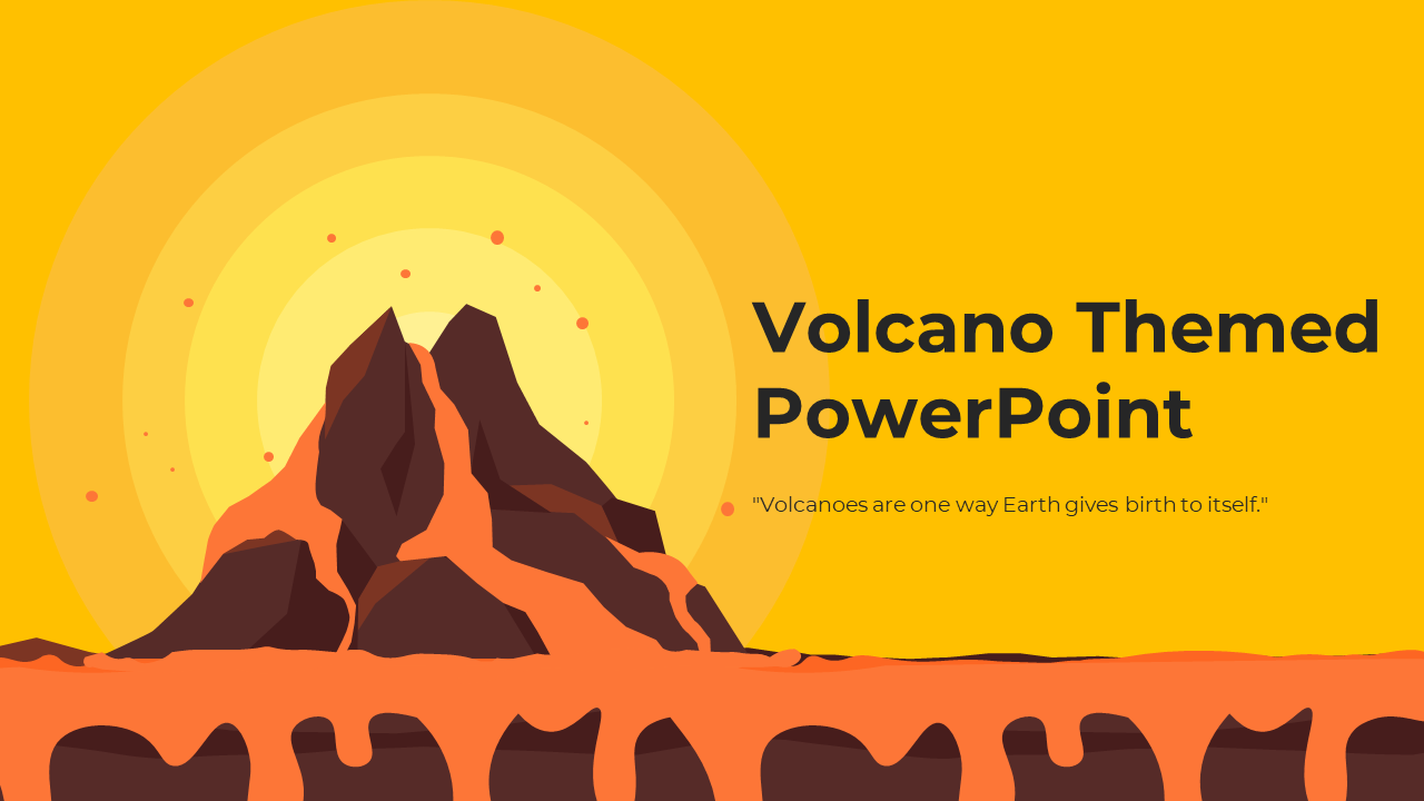 Volcano themed slides featuring vibrant graphics of volcanoes, with many sections on a yellow backdrop.