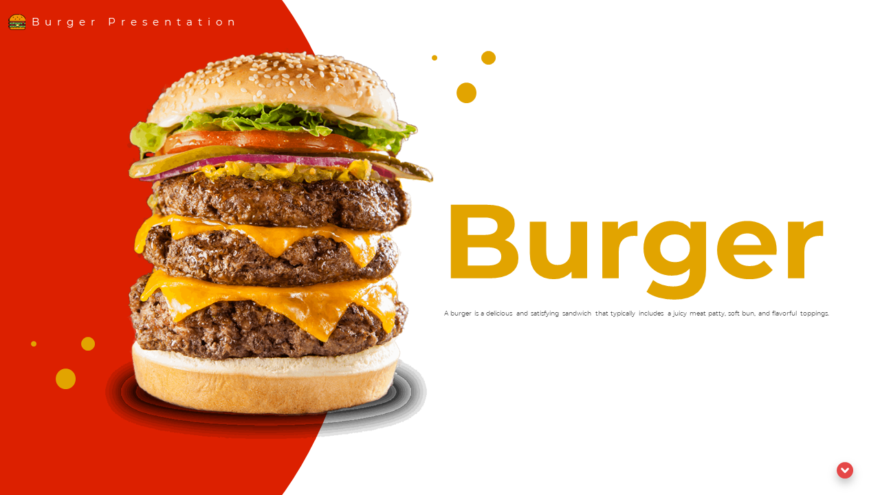 Slide deck featuring images of stacked burger covering history, types, and benefits, on red and white background.