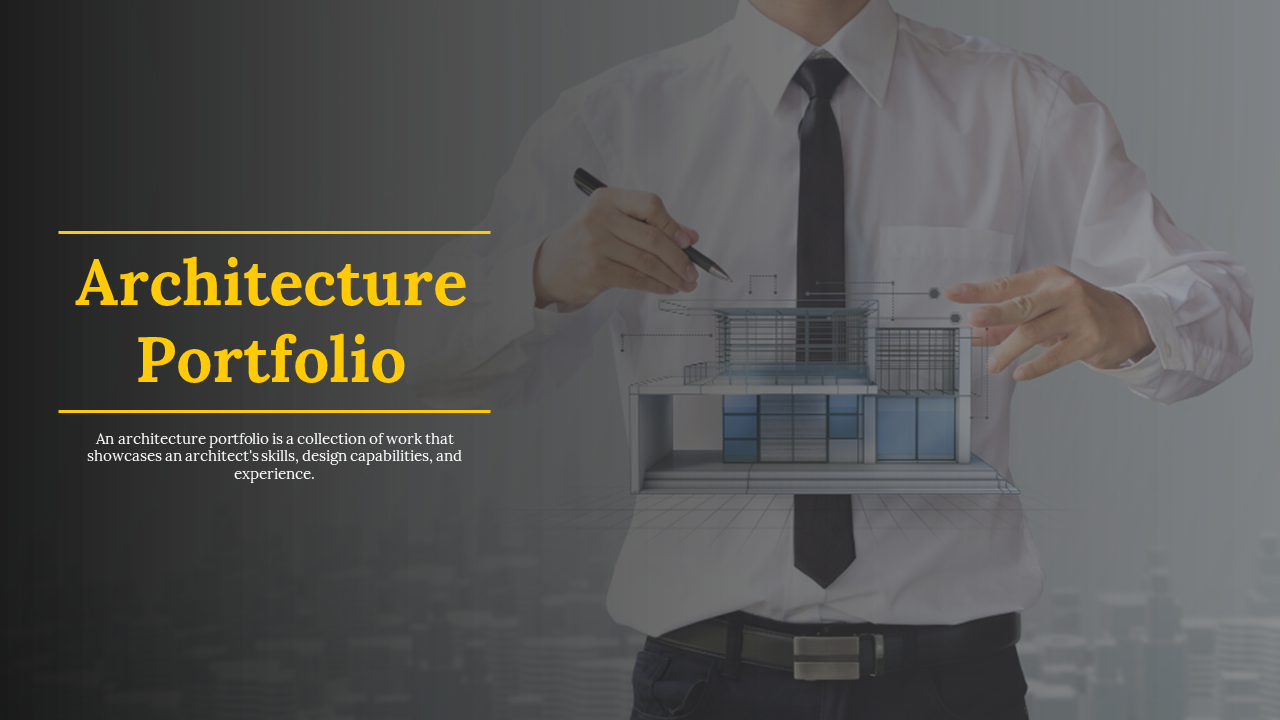 Architecture portfolio slides showcasing a professional architect discussing a 3D model with text descriptions.