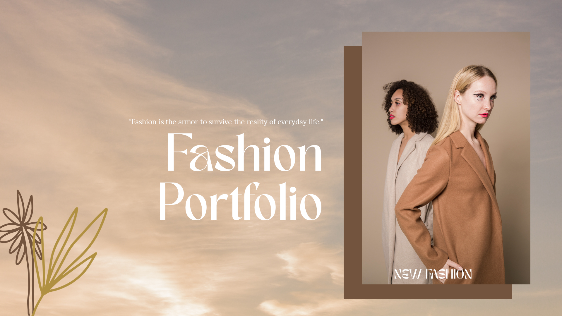 A pack of fashion portfolio slides with beige tones featuring two models wearing neutral outfits on the cover.