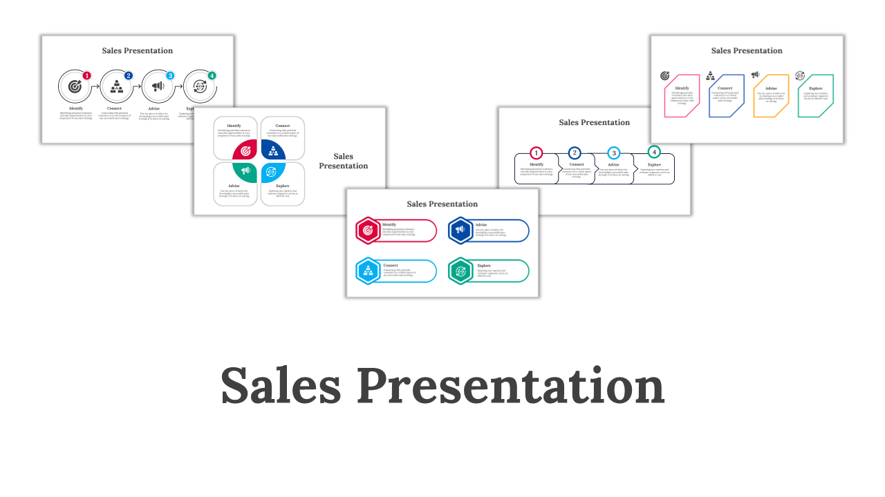 Sales template showcasing six layouts, including flowcharts, timelines, and diagrams with red, blue, and green icons.