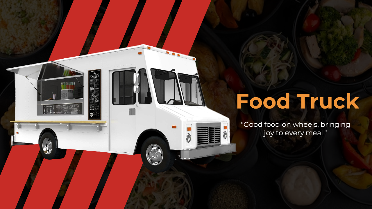 Slide deck on food trucks with white and red backgrounds, discussing industry growth, cuisines, and design innovation.