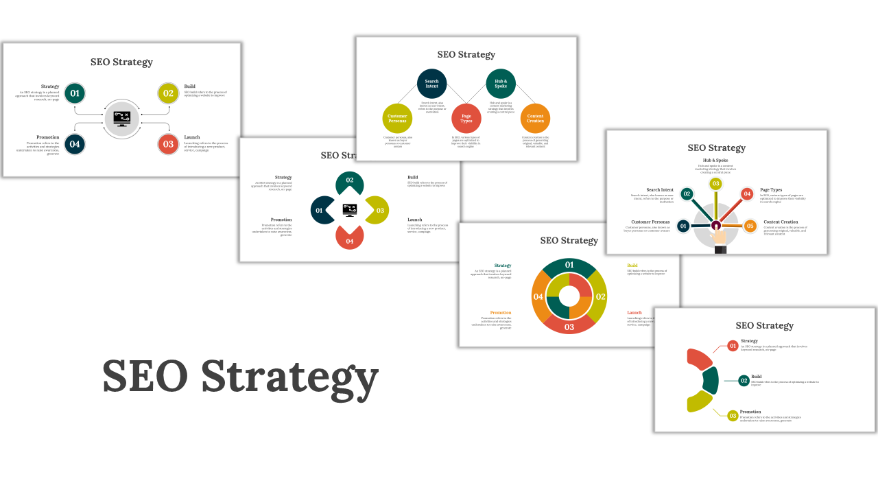 SEO strategy slide deck with various diagrams, charts, and circular visuals detailing optimization steps and metrics.