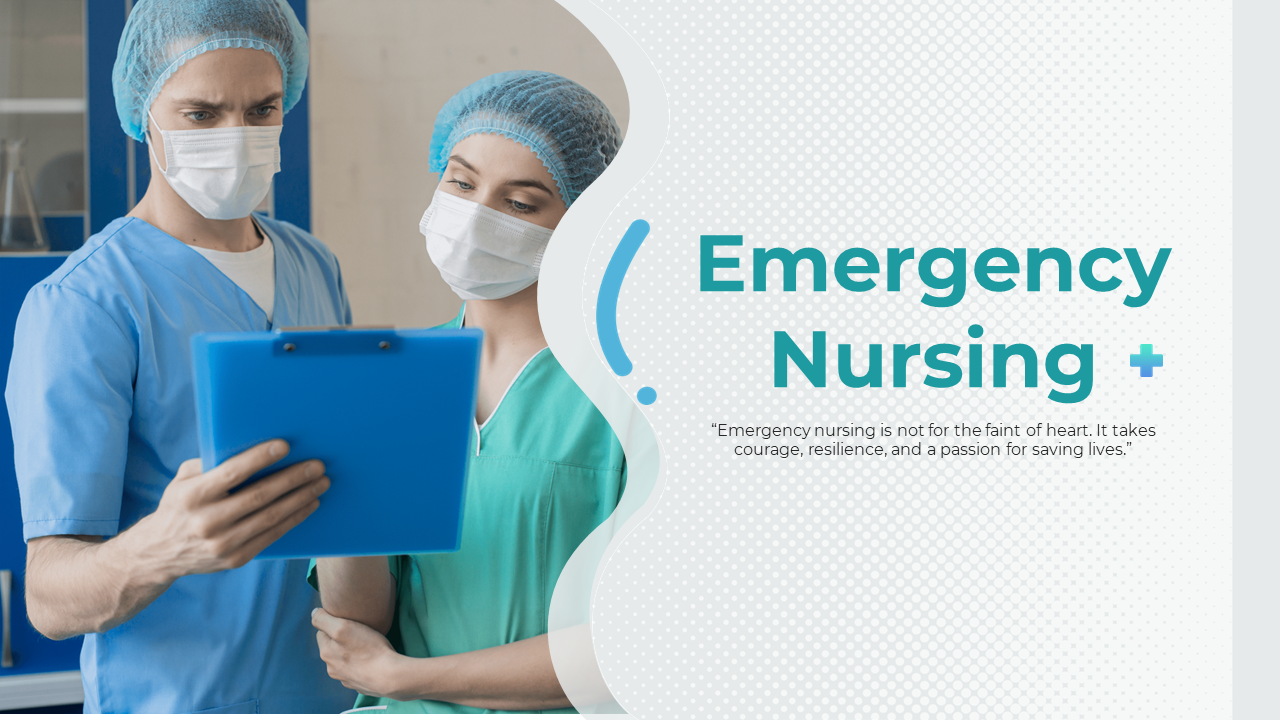 Slide deck with medical professionals in masks, illustrating various emergency nursing topics, in teal and white colors.