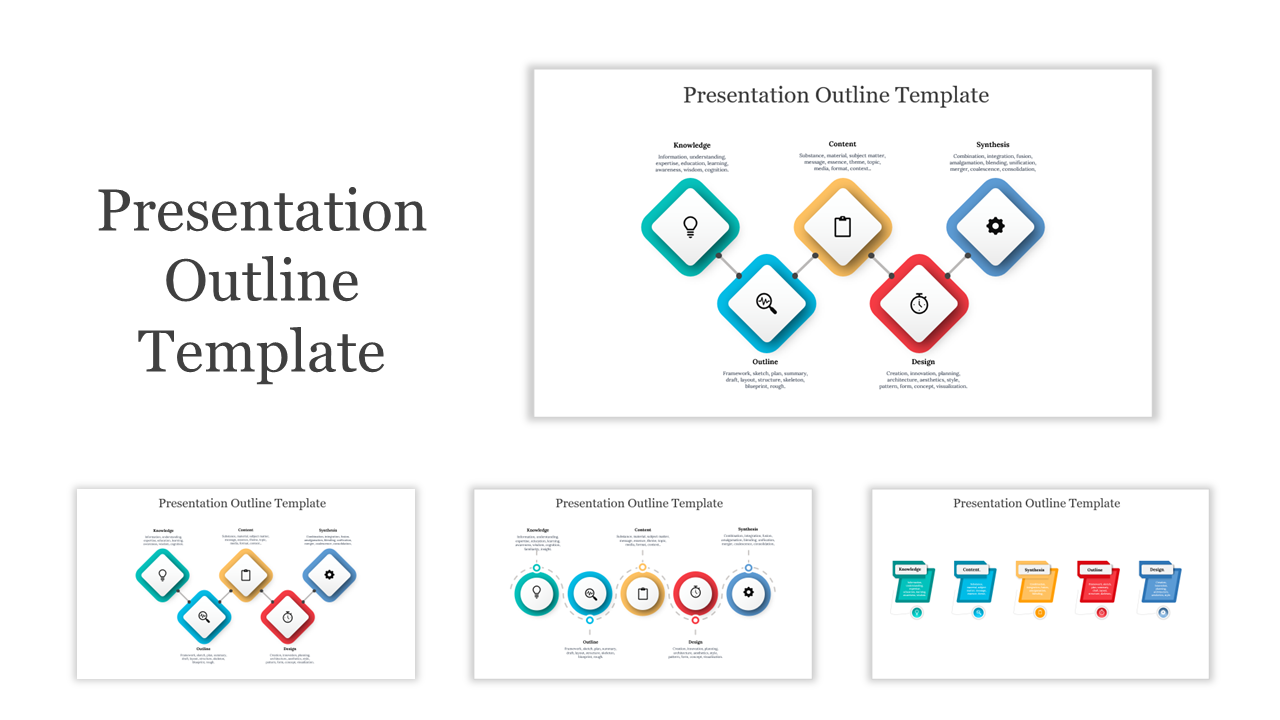 Professional outline slides with colorful icons and text boxes, structured to organize key points of a presentation.