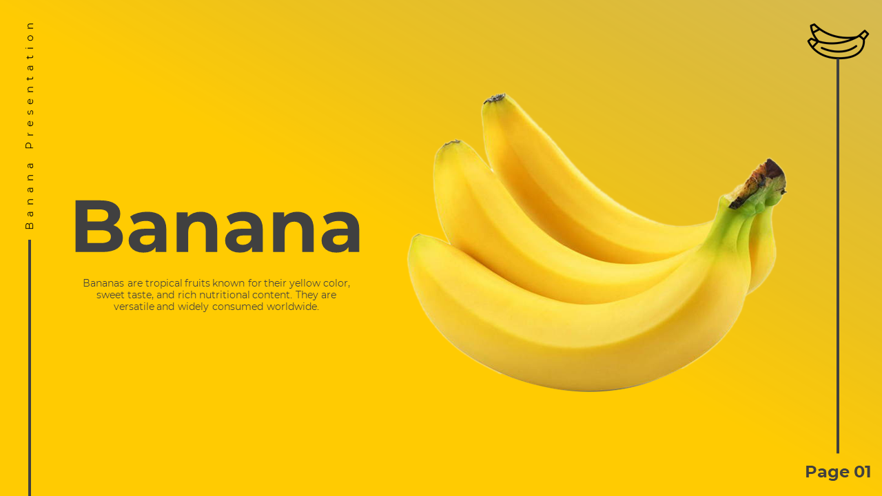 Banana themed presentation template with multiple slides covering introduction, varieties, and health benefits of bananas.