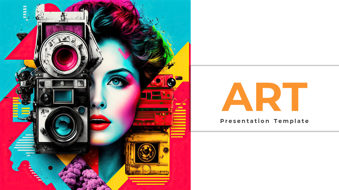 Colorful art themed slide deck featuring vibrant, surreal collage of women face combined with cameras.