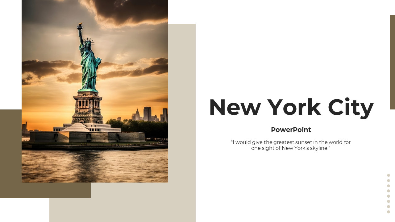 Slide deck with a beige, brown, and white theme, featuring images of New York city landmarks with text sections.