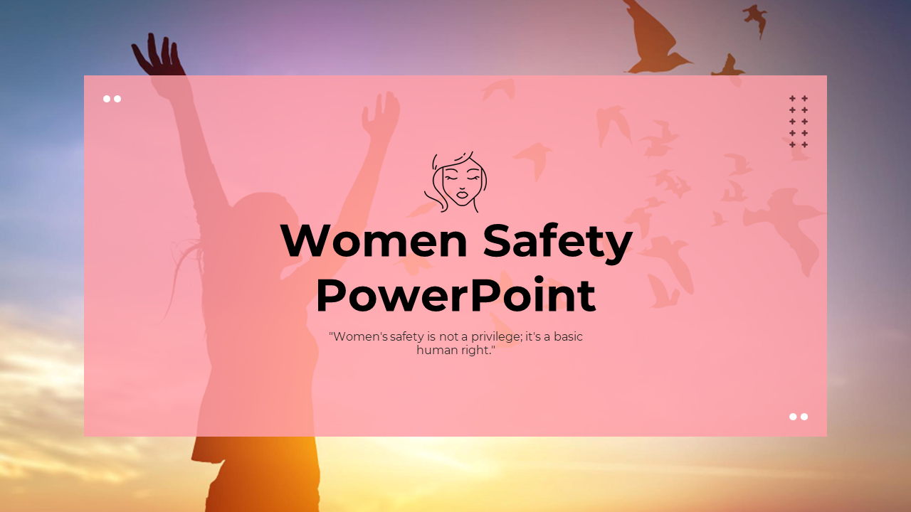 Slide pack on women safety with text, icons, and photo placeholders in grid layout with pink and red accents.