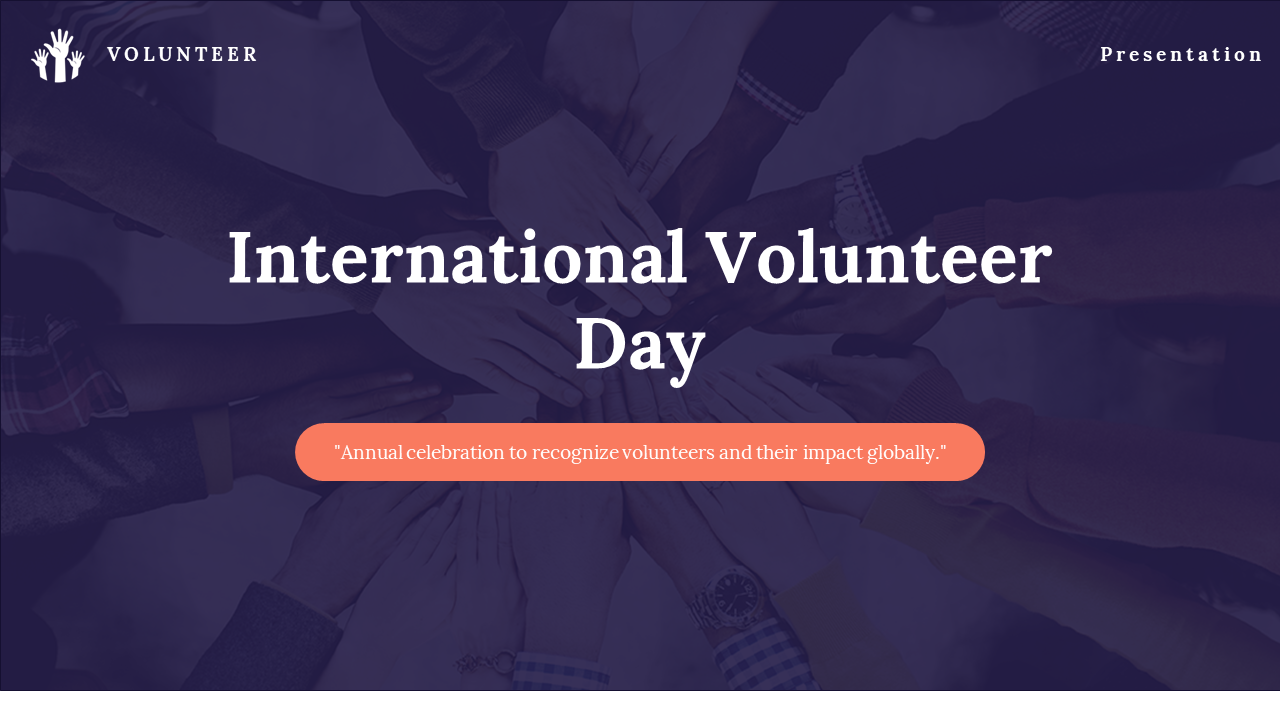 Slide deck for International Volunteer day, featuring sections on volunteer experiences, opportunities, and contributions.