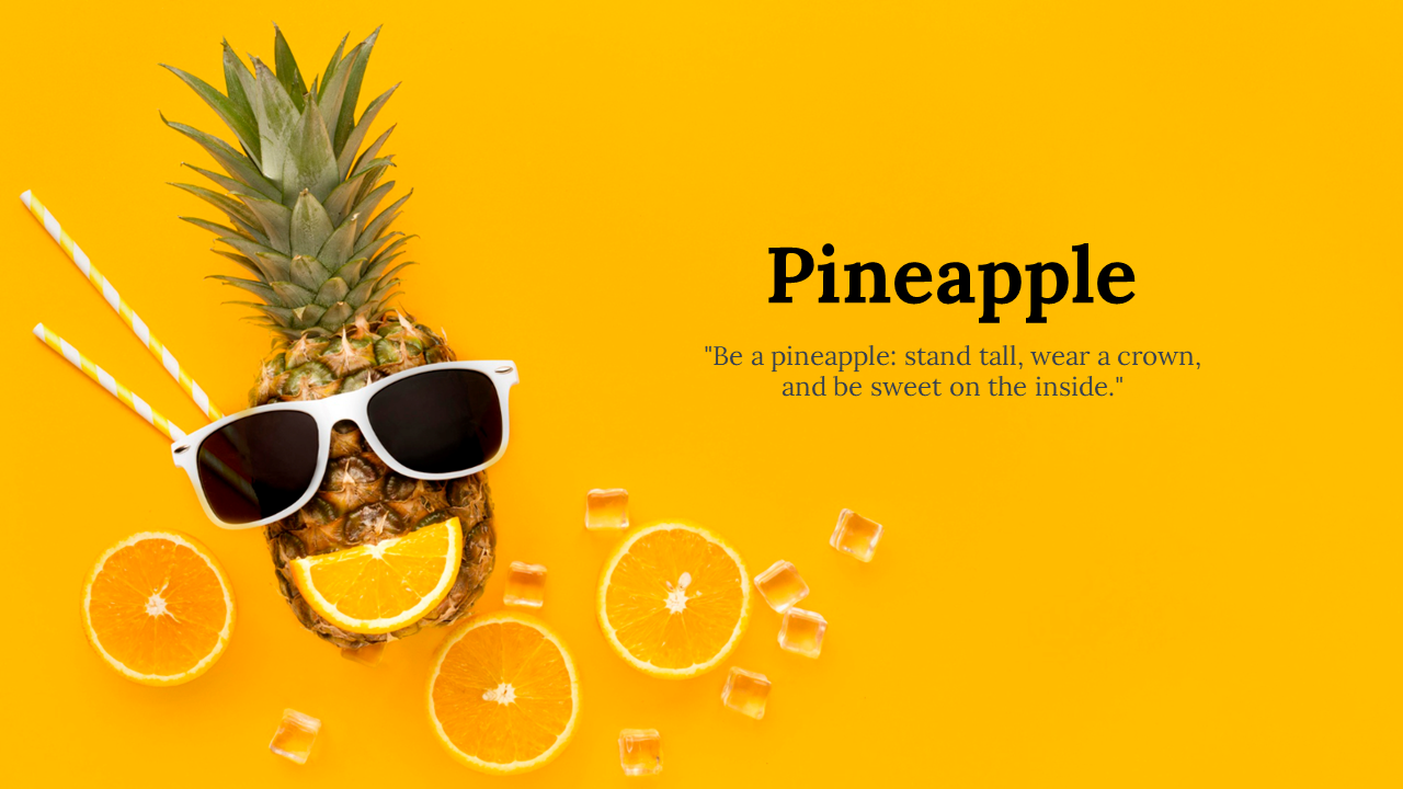 A pack of pineapple slides featuring sunglasses, oranges, and ice, set against various backgrounds with a quote.