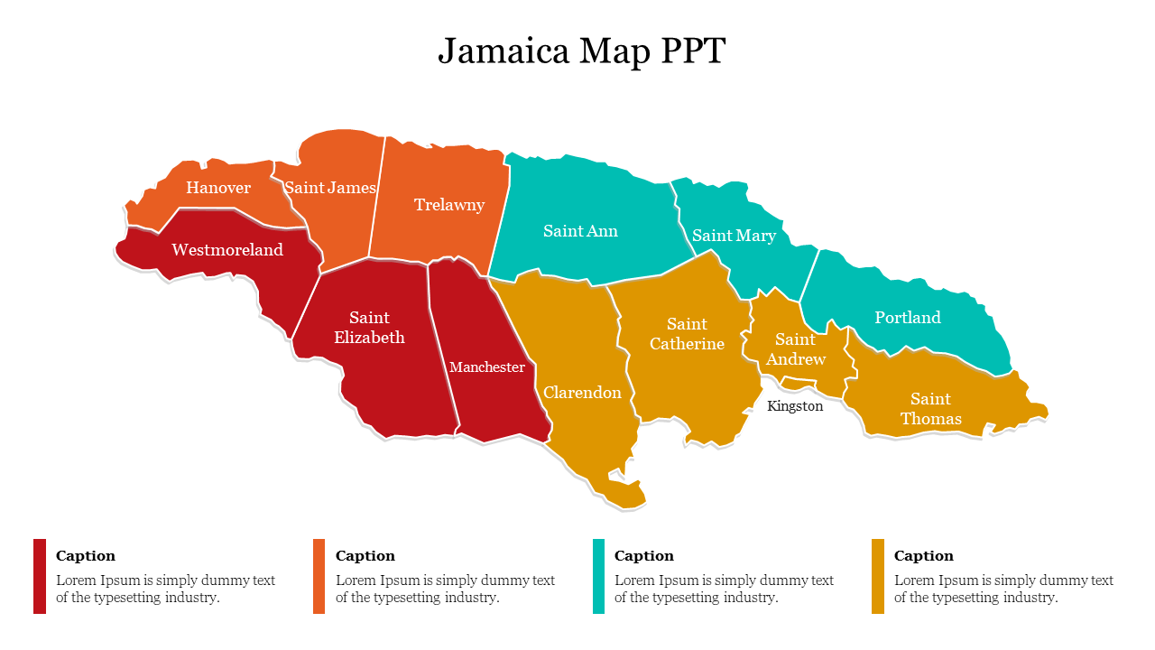 Jamaica map slide deck showing colored regions with labels for parishes, including Kingston, Saint Andrew, and Saint Ann.