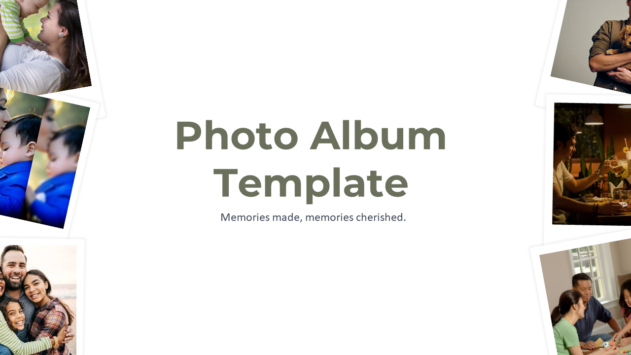 Photo album template slide featuring various family and travel photos arranged around a central title area.