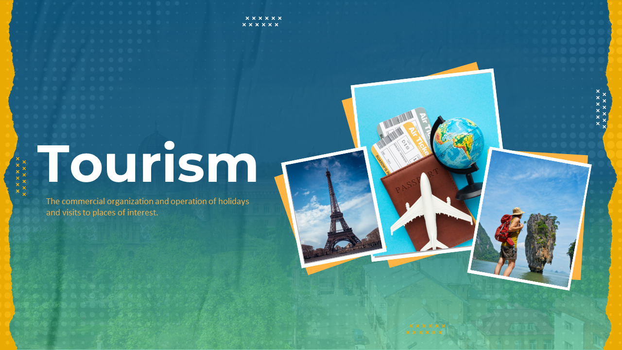 Tourism slide deck with images of famous landmarks and travel items, featuring sections on different types.