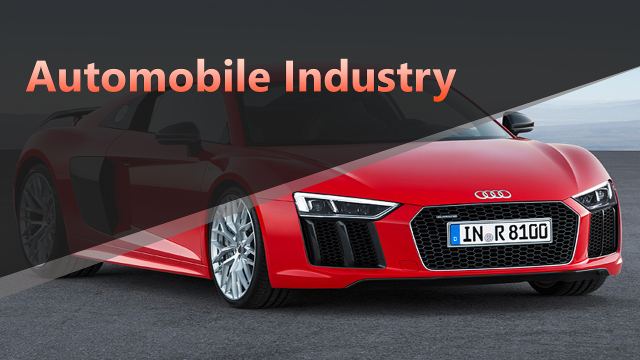 Slide deck with red car cover image, orange and black color scheme, and sections on automobile technology and services.