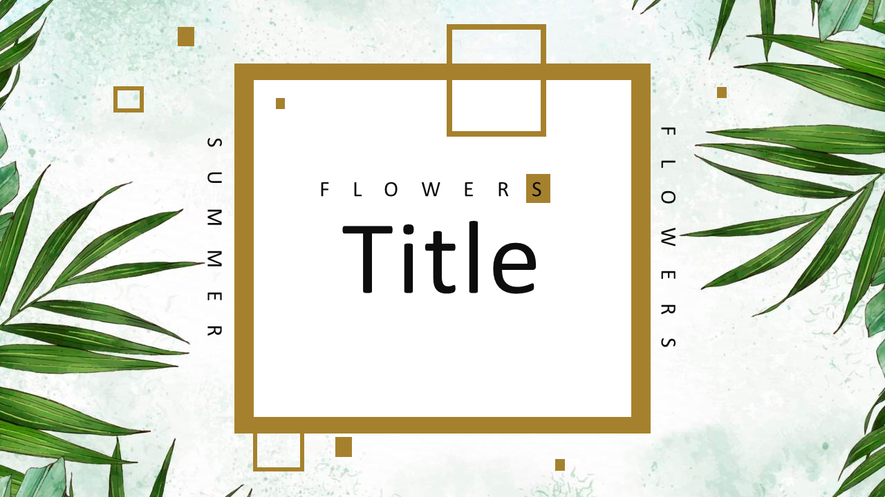 Slide deck with soft green and white themes, featuring leafy designs, gold frames, and text areas with simple, clean layouts.