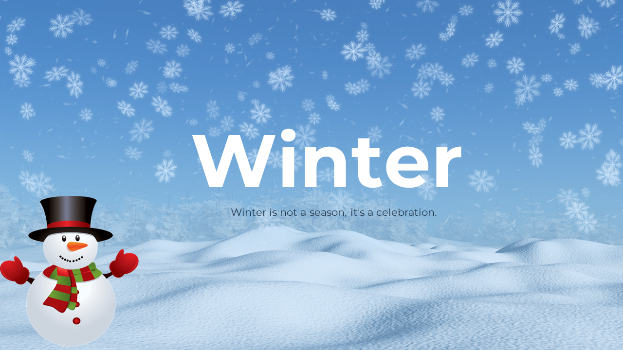 Winter themed slides with snow covered hills, falling snowflakes, and a cheerful snowman and title text.