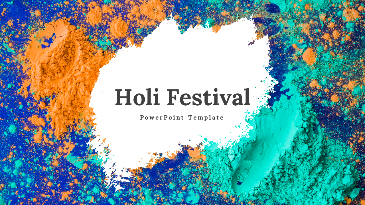 Set of slides with vibrant powder splashes in various colors and images that show Holi's traditions, music, dance, and food.