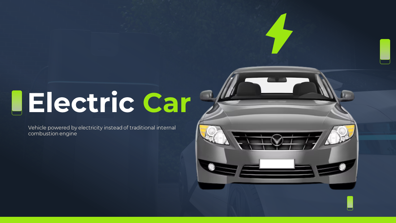 Slide deck with green and gray design elements, highlighting electric car models, charging, and renewable energy.