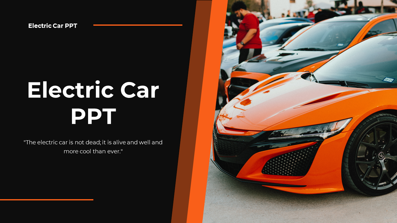 Electric car themed PPT with an orange sports car and slides covering renewable energy, industry, and charging information.