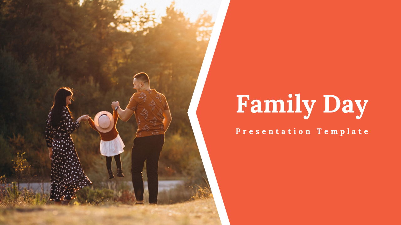 A slide deck with a family holding hands in the outdoors and family-oriented topic images at the bottom.