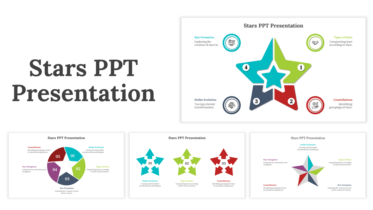 A pack of multiple star shaped slides with different designs colors and sections with icons and text descriptions.