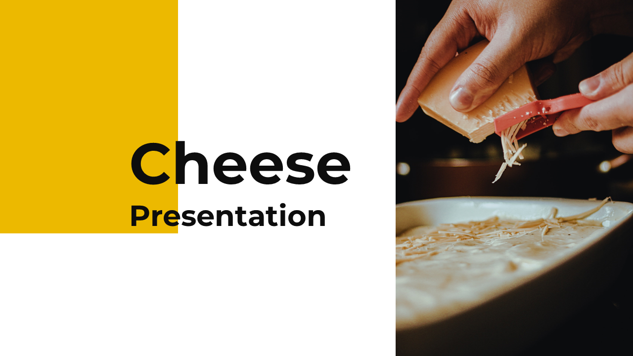 Cheese presentation slide deck with an image of cheese being grated and thumbnails of slides discussing cheese varieties.