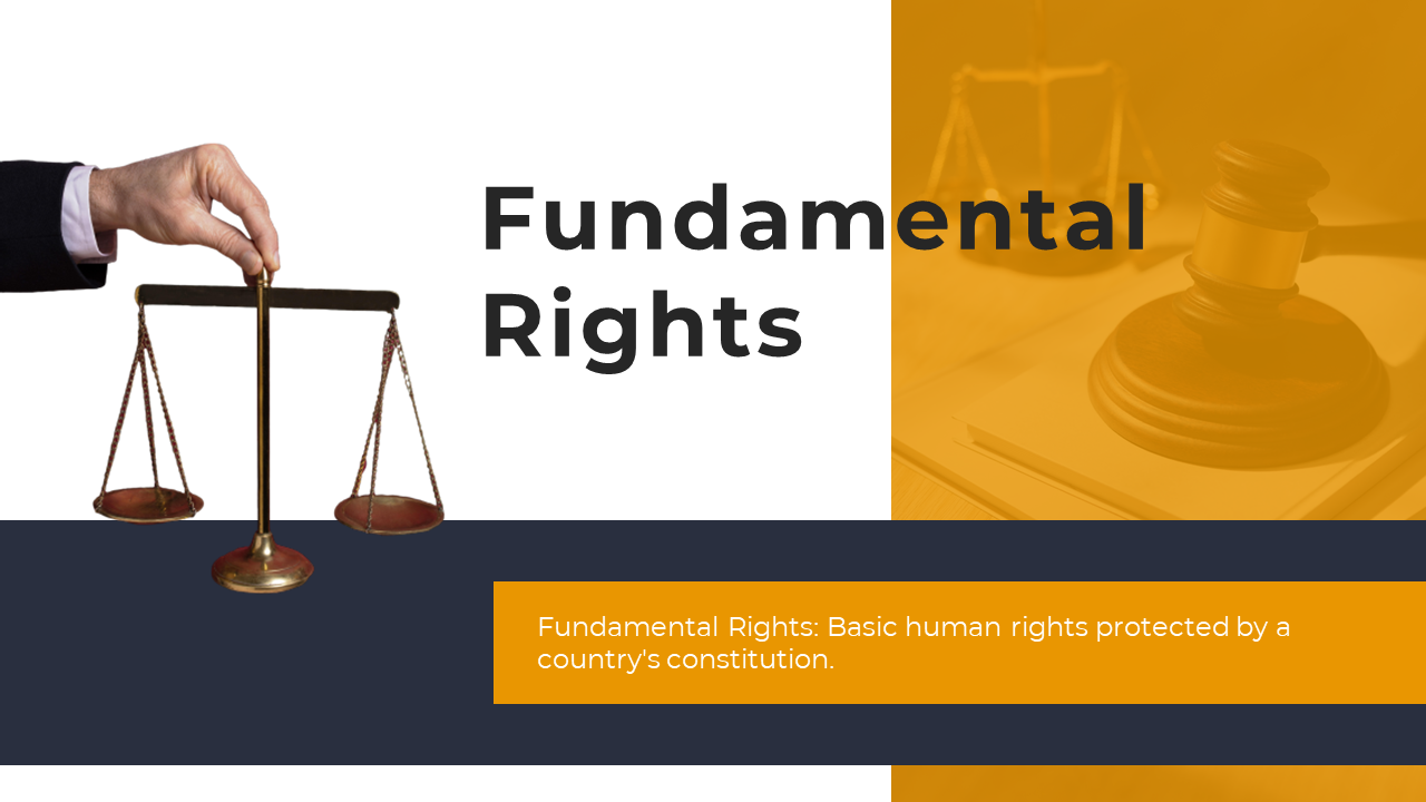 Fundamental rights slide pack featuring images of gavel and scales, with yellow and navy blue accents.