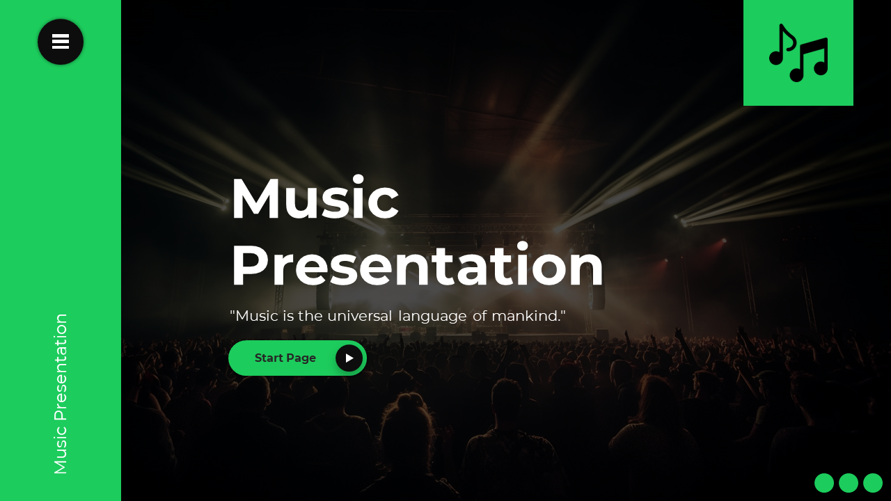 Music slides with green and black theme, covering its theory, genres, composition, and performance.