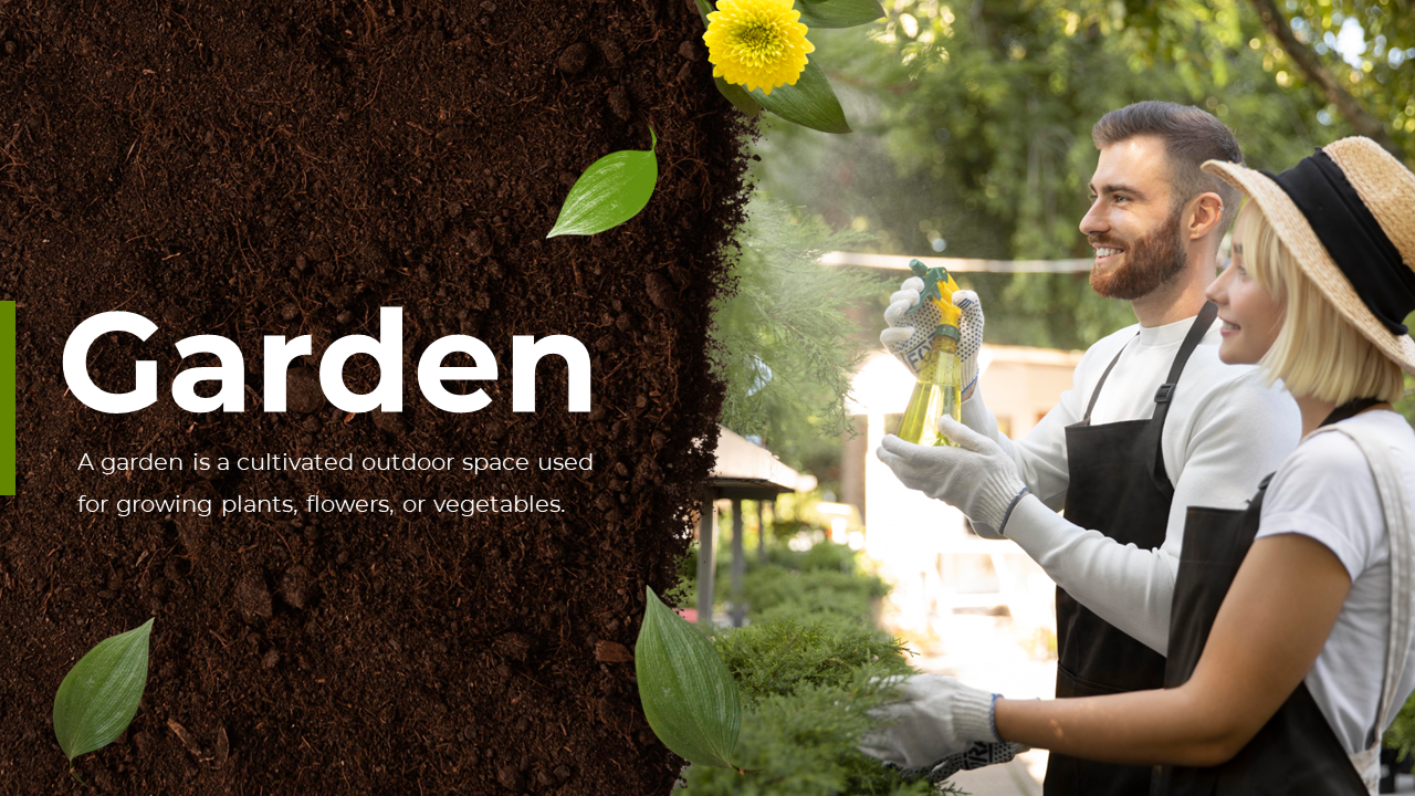 Template focused on gardening, with slides for garden introduction, design, and tools accompanied by vibrant plant images.